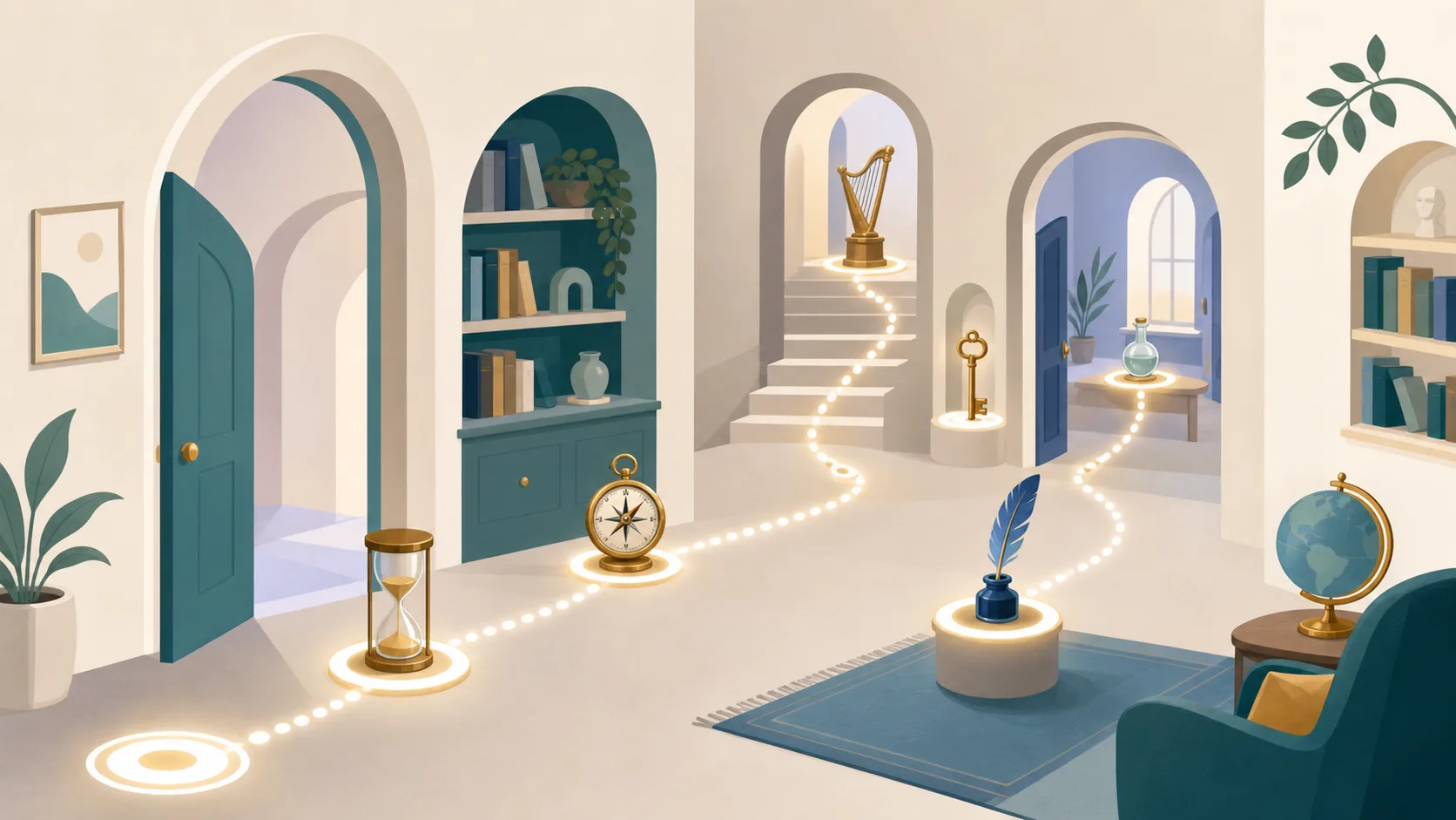 Editorial illustration of a calm memory palace interior with connected rooms and route markers