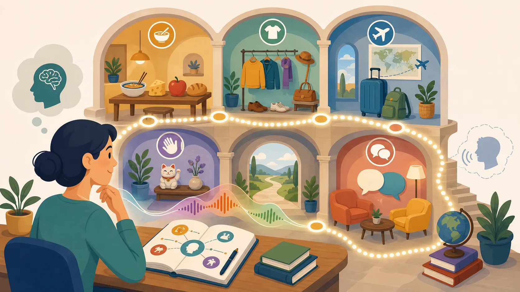 Memory palace for language learning illustration Language learning memory palace illustration with category rooms and pronunciation cues