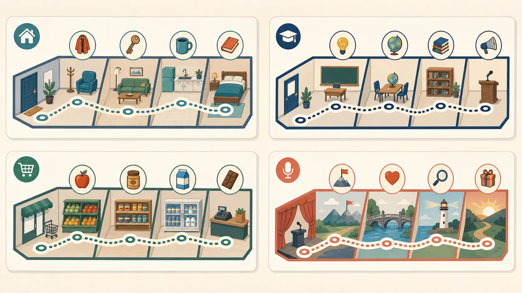 Diagram-style collection of memory palace examples for home, classroom, grocery, and speech routes