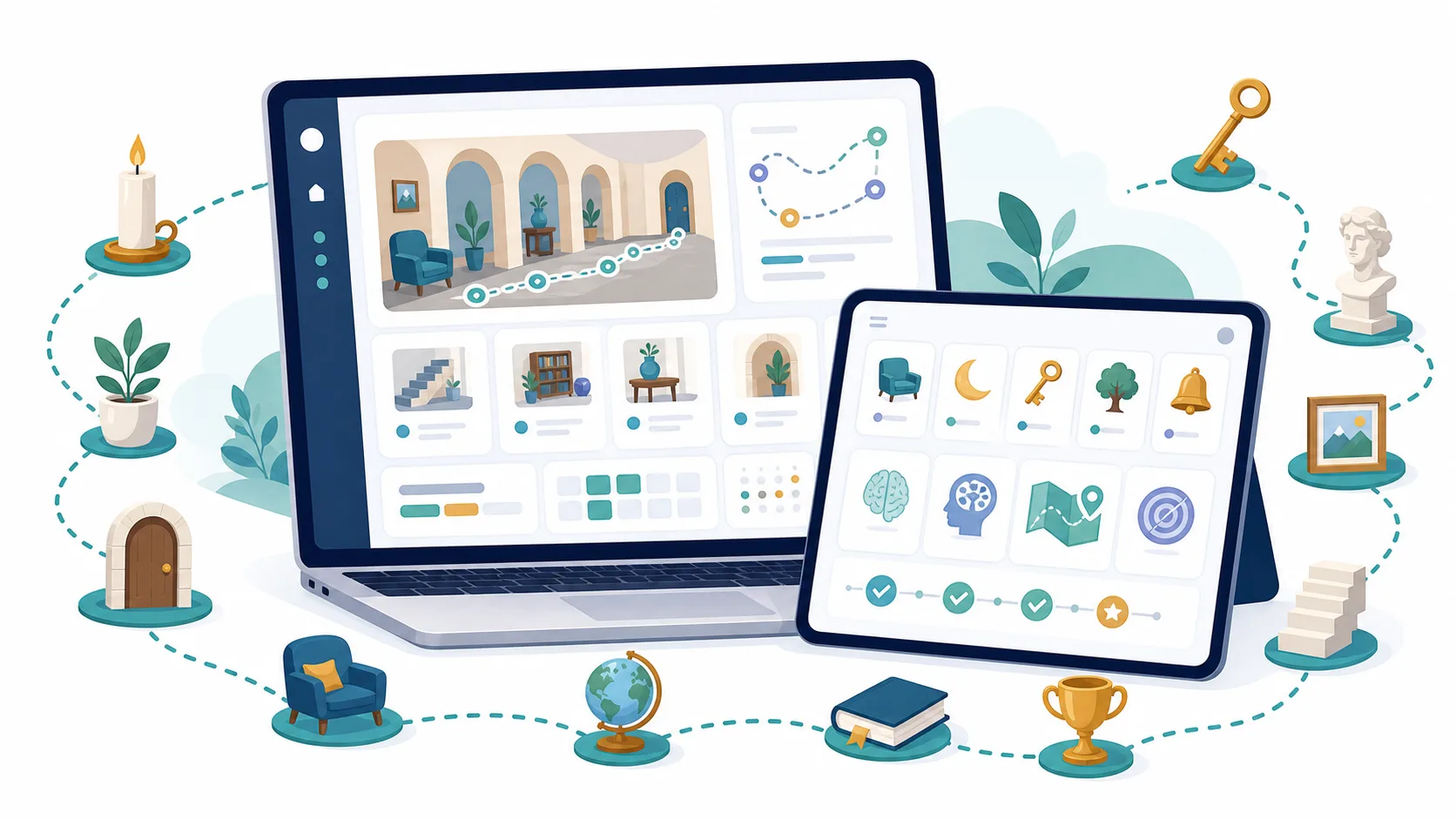 Memory palace apps and tools illustration Web illustration of memory palace tools on laptop and tablet screens with route cards