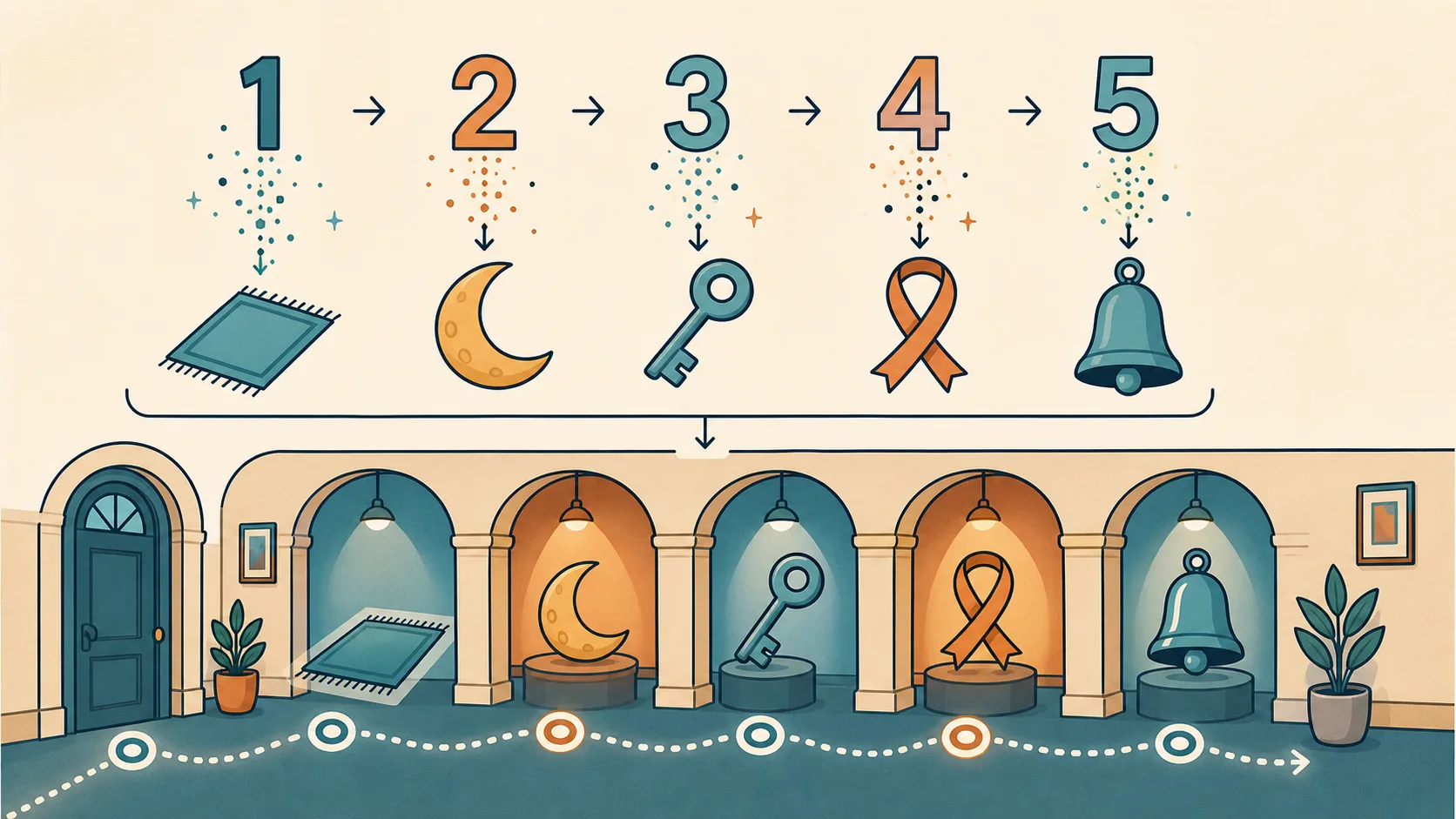 Number memory palace illustration showing digits turning into visual objects along a route