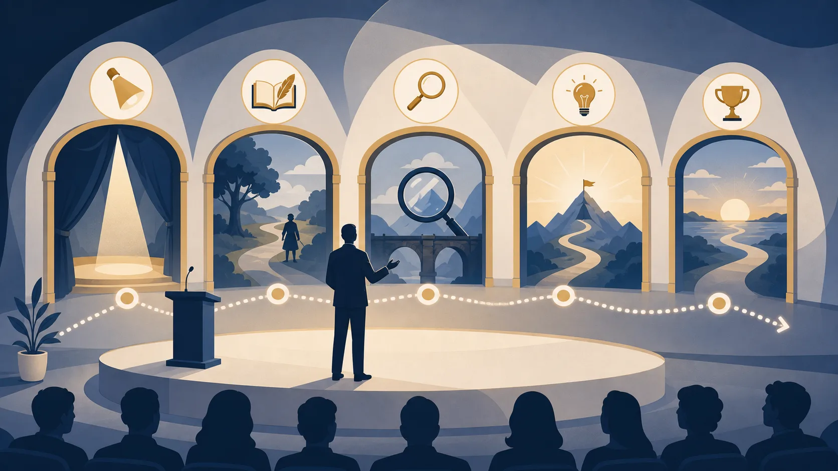 Memory palace for speeches illustration Presentation memory palace illustration with a stage and route panels for speech sections
